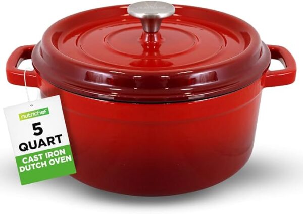 NutriChef Enameled Cast Iron Dutch Oven-5-Quart Kitchen Round Dutch Oven Stovetop Casserole Cookware