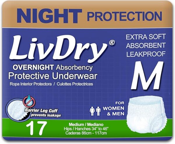 LivDry Adult M Incontinence Underwear, Overnight Comfort Absorbency,