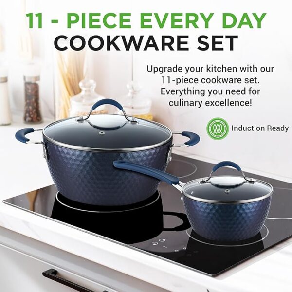 NutriChef 11 Pc Blue Diamond Nonstick Ceramic Cookware Set - Image 2