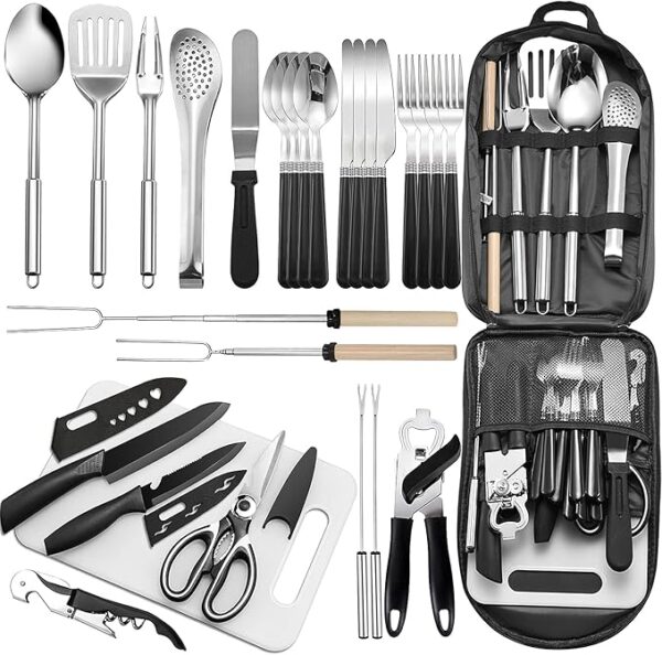 Camping Kitchen Utensil Set-27 Piece Cookware Kit, Stainless Steel Outdoor Cooking